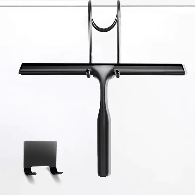10" Stainless Steel Shower Squeegee for Shower Glass with Adhesive Hook for Cleaning Bathroom Glass Doors Car Window Mirrors and Tile Wall (Matte Black + Hook)