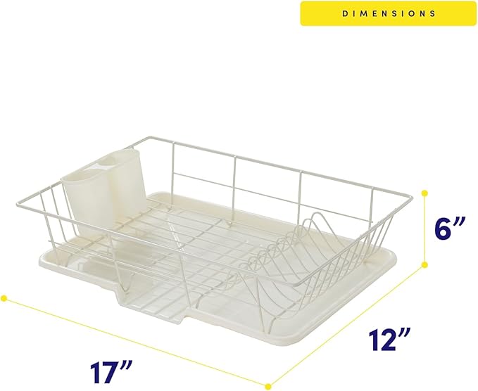 Sweet Home Collection Space-Saving 3-Piece Dish Drainer Rack Set: Efficient Kitchen Organizer for Quick Drying and Storage - Includes Cutlery Holder and Drainboard - Maximize Countertop Space, Ivory