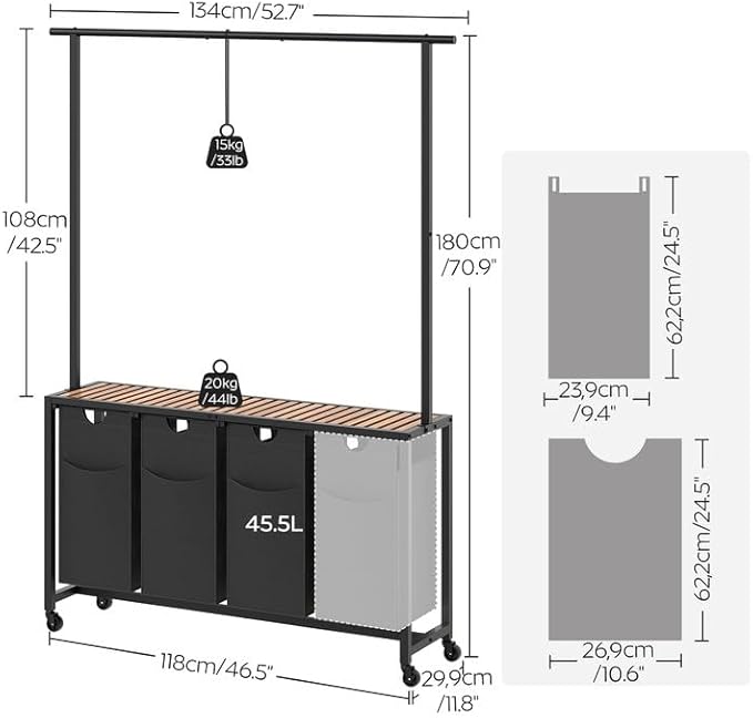 YATINEY Laundry Sorter 4 Section, Rolling Laundry Hamper with Hanging Rack, Laundry Sorter with Wheels, Hampers for Laundry, Laundry Basket Organizer for Laundry Room, Rustic Brown LS47BR