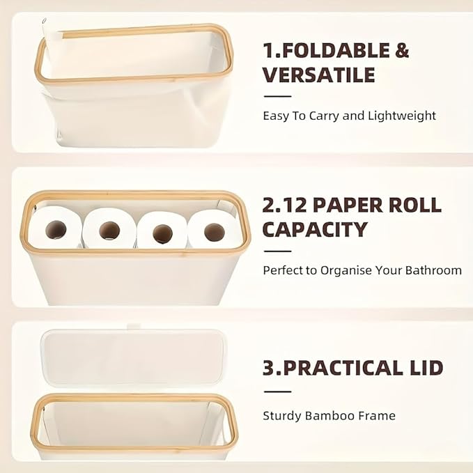 Toilet Paper Storage Basket with Lid for 12 Rolls, Waterproof Oxford Cloth with Bamboo Frame, Free Standing Toilet Paper Holder, Collapsible Bathroom Organizer Bin, Beige (Black)