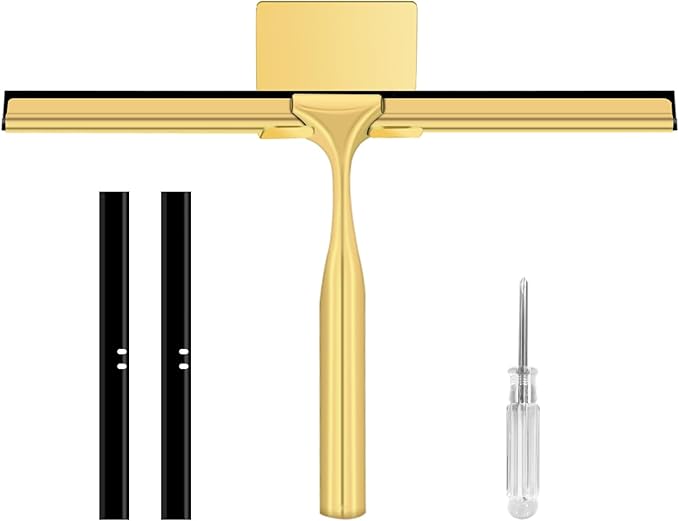 Shower Squeegee for Glass Doors,10 Inch Stainless Steel Squeegee for Shower Glass with Storage Hook, Shower Squeegee for Tile Shower Walls, Window Mirror Squeegee and Car Glass (Gold)