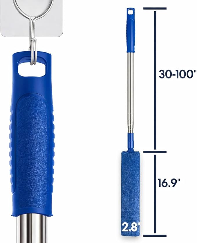 Retractable Gap Dust Cleaner with Extension Pole 30'' to 100'', Cleaning Tools with 3 Microfiber Dusting Cloths, Extendable Long Handle Duster for Cleaning Under Refrigerator Furniture Appliance Blue
