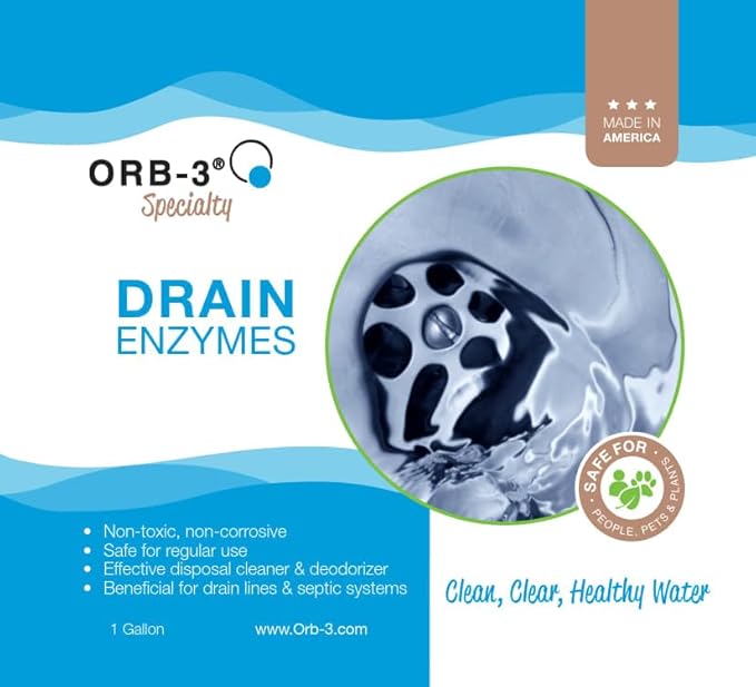 Orb-3 Drain Enzymes, Multi-Purpose Enzymatic Drain Cleaner & Deodorizer, 1-Gallon – Breaks Down Grease & Organic Build-Up for Drains, Pipes, Garbage Disposals & Septic Systems