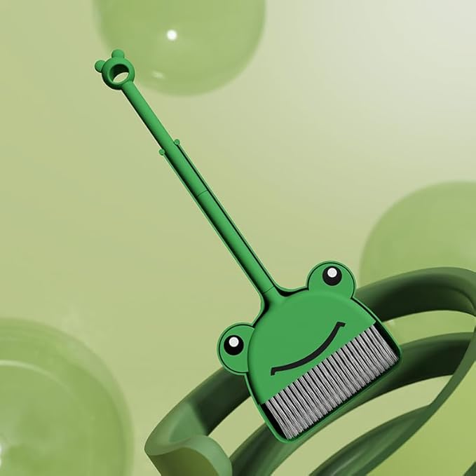 Children's Small Broom Dustpan Set Green Frog Mini Household Cleaning and Pretend Play Set