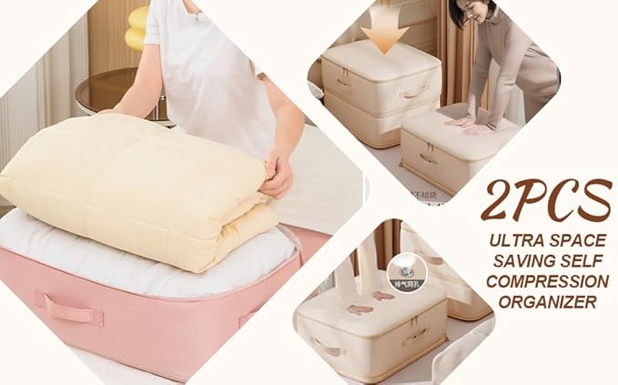 2Pcs Super Space Saving Self Compression Organizer, Space Saver Vacuum Storage Bags, Self Compression Storage Bags, vacuum seal bags for clothing, Sweaters, Blankets (Pink)
