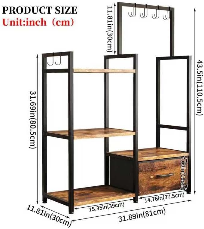 Industrial 4-Tier Storage Shelf with Drawer & Hanging Hooks - Metal & Wood Entryway Organizer Rack for Bedroom, Living Room - Freestanding Clothing Coat Rack with Multi-Level Shelves (Brown)