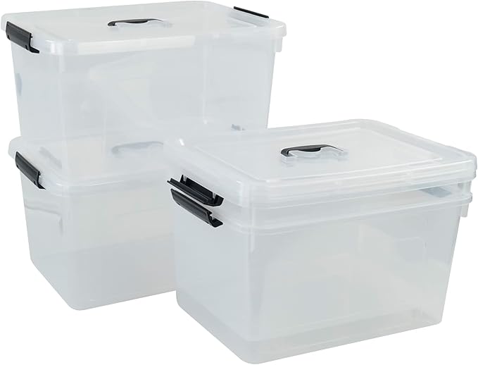 Anbers Pack of 4 Clear Latching Storage Boxes, 17.5 Quart Storage Bin with Lid and Handle