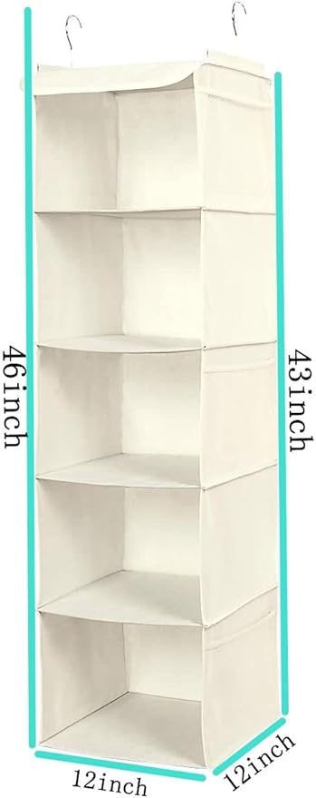 BrilliantJo 5 Shelves Hanging Closet Organizer, 2 Pack Hanging Storage with 6 Side Pockets for Clothes Shoes, 43"x12"x12"(Beige)