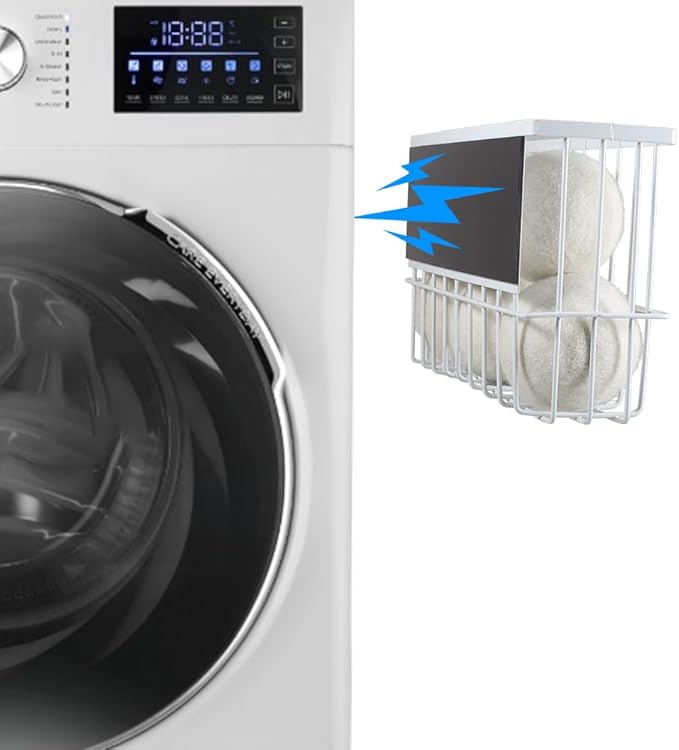 Picowe Large Dryer Ball Organizer Magnetic Storage Bin, Magnetic Basket Dryer Ball Holder for Laundry Room Organization and Storage to Hold 6 Dryer Balls, Without Balls (White, L )