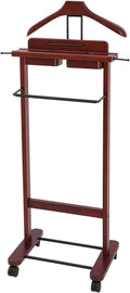 Valet Stand with Wheels and Top Tray, Wood Mens Suit Valet Stand with Shoe Shelf, Freestanding Clothes Valet Stand with Hanger, Storage Organizer for Entryway Office Living Room (B, Walnut Color)