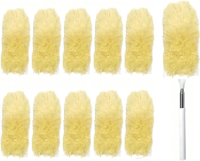 Heavy Duty Duster Refills, Disposable Dusters Kit for Cleaning Dusting Furniture Blind Ceiling Fan, Multi Surface 360 Feather Duster(10)+3FT Extended Handle（1） (Yellow)