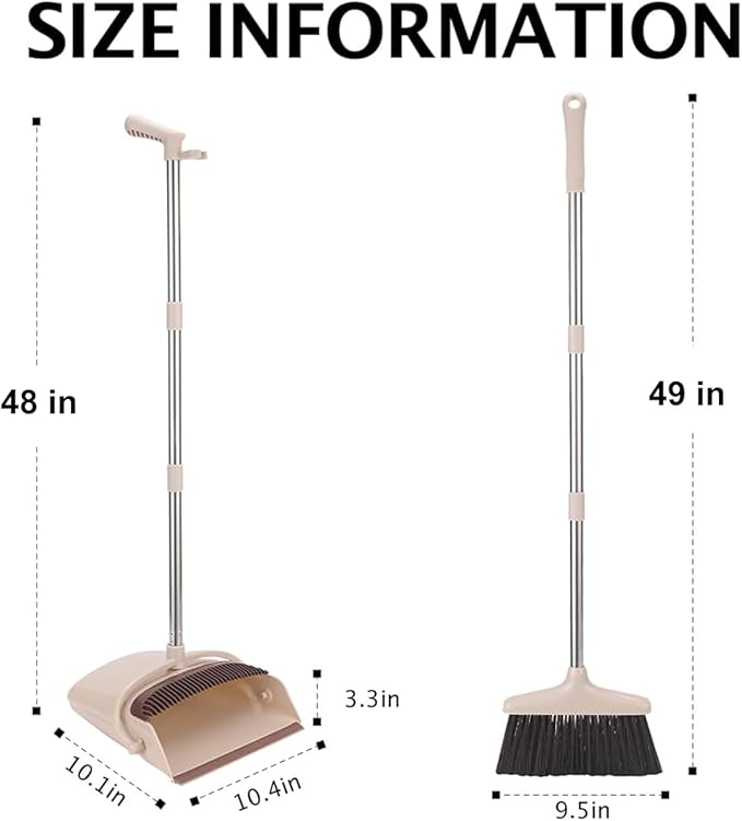 Broom and Dustpan Set, Long Handle Stand Up Broom and Dust Pan Combo, Self-Cleaning with Dustpan Teeth, Indoor&Outdoor Sweeping, Ideal for Dog Cat Pets Home Use (Beige & Brown)