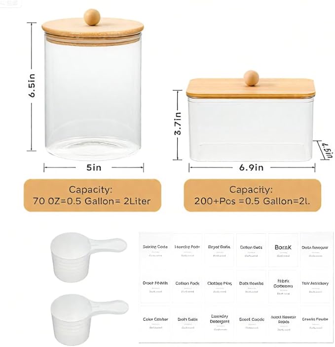 Glass Laundry Pods Container & Acrylic Dryer Sheet Holder with Bamboo Knobs Lids, Scoops & Labels | Premium Laundry Room Organization and Storage for Detergent Pods, Powder, Dryer Balls & Beads