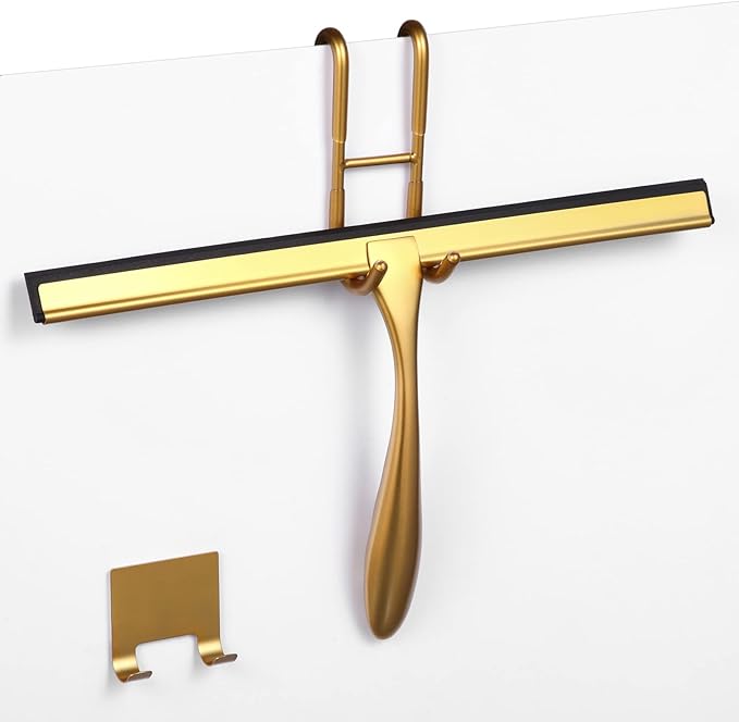 Shower Squeegee for Glass Doors,10-Inch Shower Glass Squeegee, Gold Shower Squeegee for Shower Doors,Mirror,Windows, with Shower Door Hook and Adhesive Hook