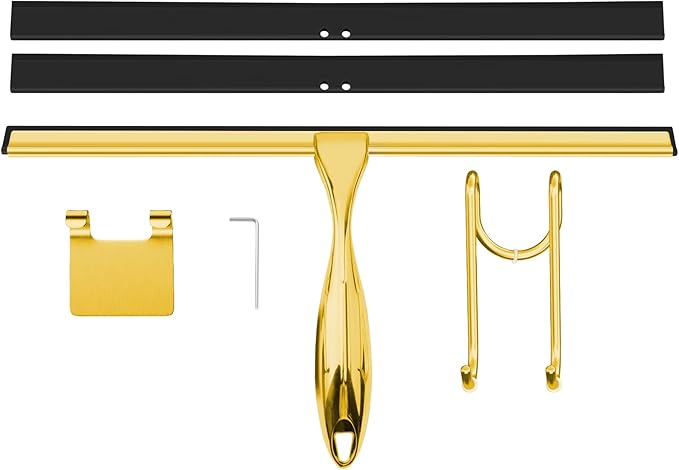 TOOVEM 14 Inch Shower Squeegee for Glass Doors, Window, Bathroom, Car Windshield, Shower Cleaning Tools with S Hook, Square Sticky Hook (Gold)