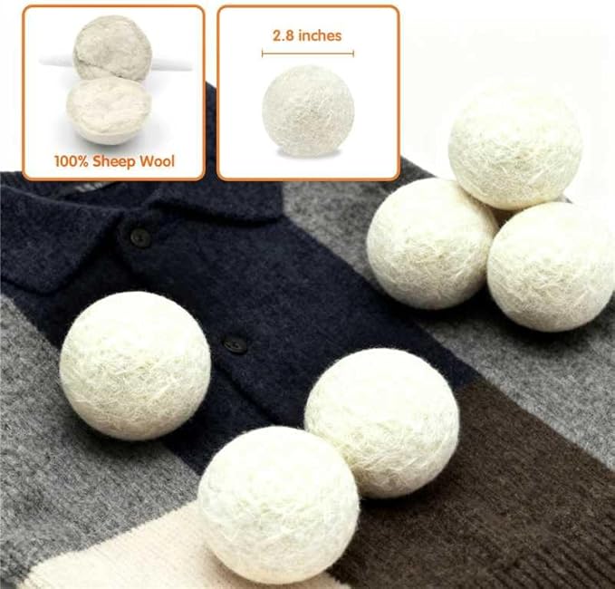 100% Pure New Zealand Wool Dryer Balls, 6-Pack - Natural Fabric Softener Alternative, Reduce Static, Soften Clothes, Shorten Drying Time & Absorb Lint (White)