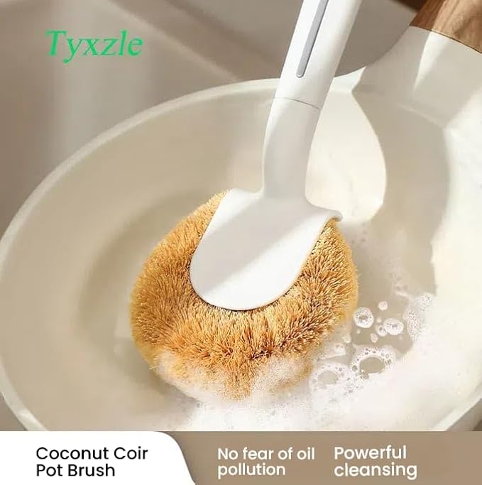 Natural Coconut Fiber Pot Scrubber with Handle – Multi-Surface Cleaning Brush for Pots, Pans, Stovetops, Kitchen Surfaces – Eco-Friendly Dishwashing Brush
