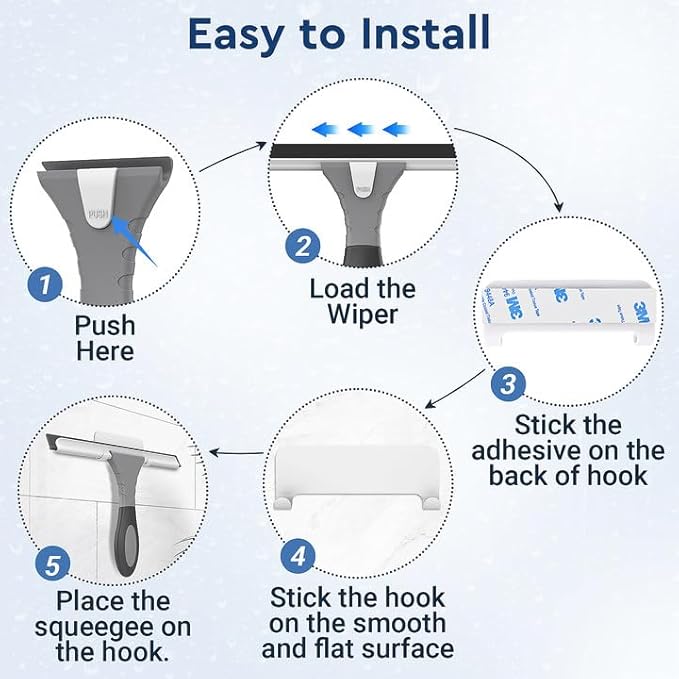 All-Purpose Silicone Shower Squeegee for Glass, Window, Door, Mirror, Car Windshield & Tile Wall, Portable Cleaner Tools, Includes One Hook & One Adhesive,10 Inches (Gray)
