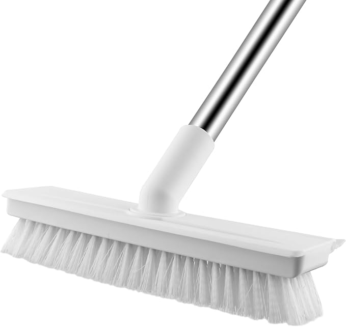 Floor Scrub Brush with Long Handle, 2 in 1 Scrape Brush Stiff Bristle Floor Scrubber for Cleaning Shower Bathroom Garage Kitchen Wall Deck Tub Tile, White