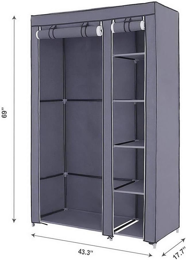 Portable Closet Wardrobe,67'' Closet Storage Organizer Rack with Shelves and Cover for Hanging Clothes, Non-Woven Fabric, Quick and Easy to Assembly (Gray)
