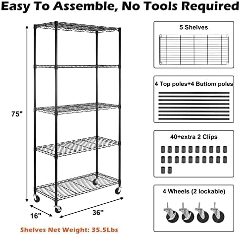 WDT 5 Tier Shelf Shelving Unit with Wheels,Adjustable Metal Shelves for Storage, NSF Wire Shelving Rack,350lbs Loading Capacity Per Shelf Storage Shelves for Kitchen Garage, 36" D x 16" W x 75" H