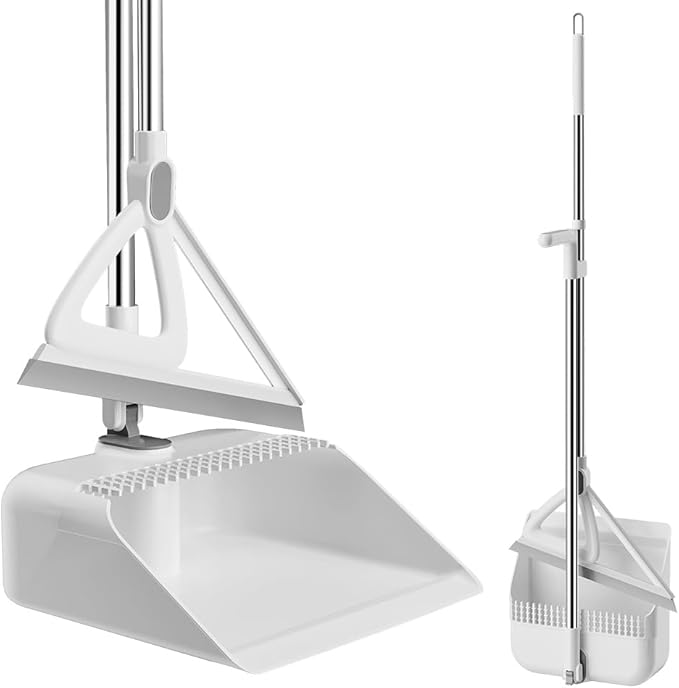 Household Broom with Dustpan, Squeegee Broom for Floor, Aluminum Handle for Floor, Glass, and Tile (White M1)