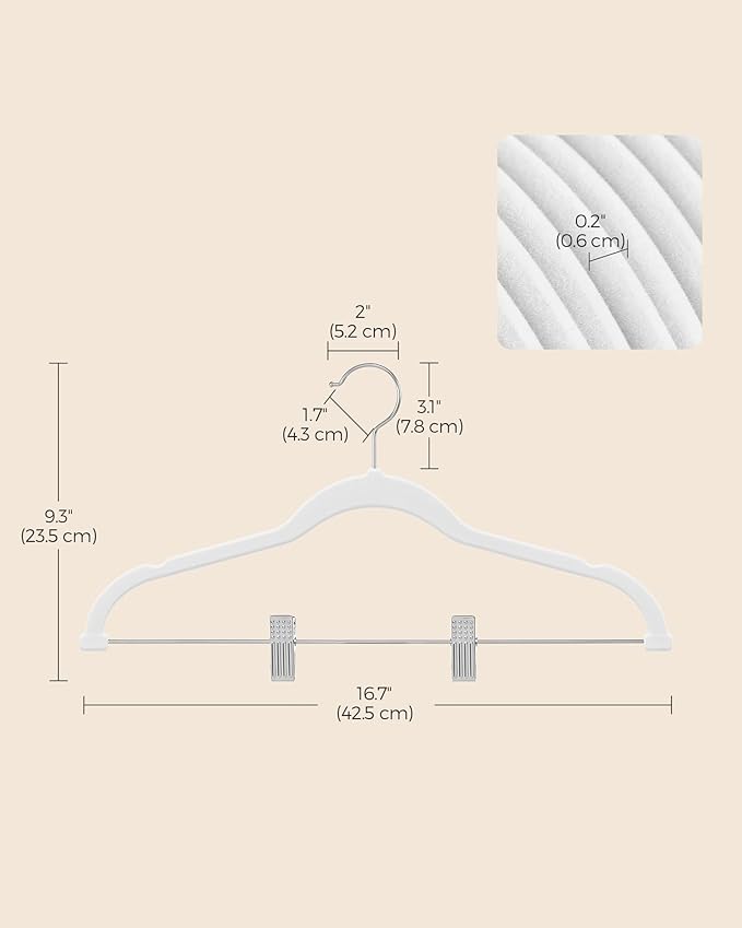 SONGMICS 20 Pack Pants Hangers, 16.7 Inches Long Velvet Trousers Hangers with Adjustable Clips, Heavy-Duty, Non-Slip, Space-Saving for Pants, Skirts, Coats, Dresses, Tank Tops, White UCRF012W20