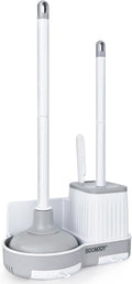 BOOMJOY Toilet Brush and Plunger Set with Crevice Cleaning Brush, White Plunger and Brush Combo with Hidden Holder, Bathroom Plunger and Toilet Bowl Brush Set Heavy Duty