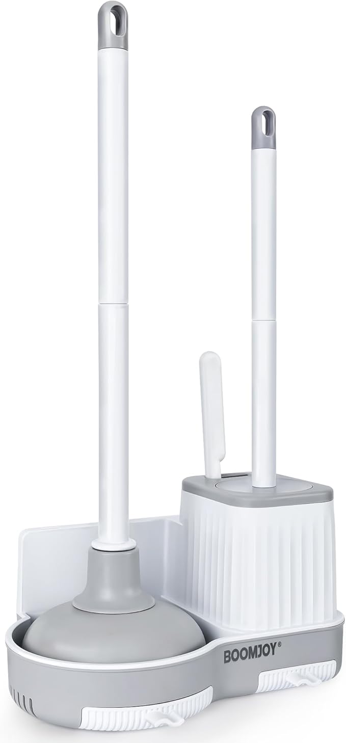 BOOMJOY Toilet Brush and Plunger Set with Crevice Cleaning Brush, White Plunger and Brush Combo with Hidden Holder, Bathroom Plunger and Toilet Bowl Brush Set Heavy Duty