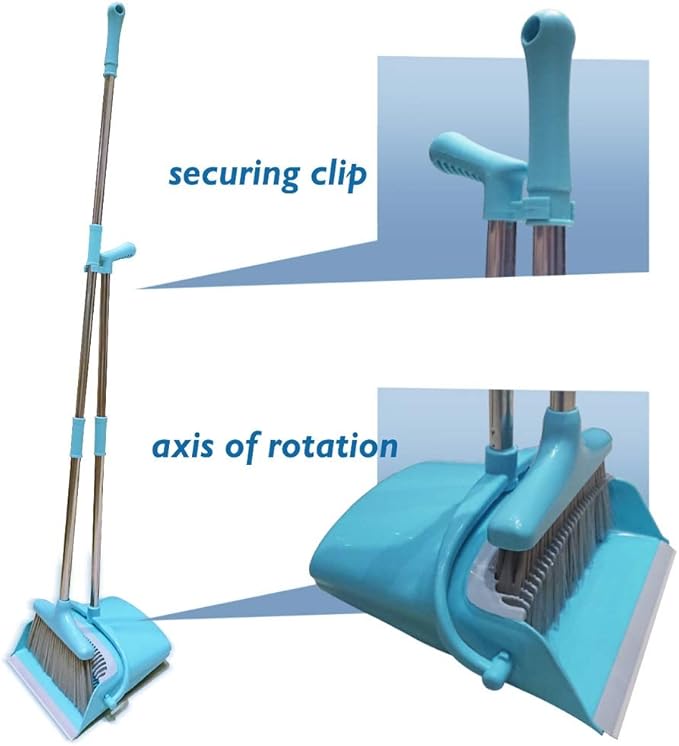 Broom and Dustpan Set Lightweight Upright Lobby Broom and Dust Pan Combo with Long Handle Outdoor Indoor for Home Kitchen Room Office (Blue)