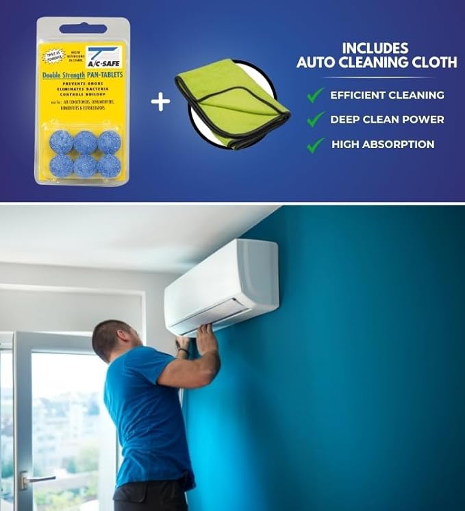 AC-Safe Air Conditioner Pan Cleaner Tablets 6 ct Bundle with Microfiber Auto Cleaning Cloth – Non-Toxic AC Drain Pan & Condensate Line Cleaner - Eliminates Odors for AC and Humidifiers - (2 items)