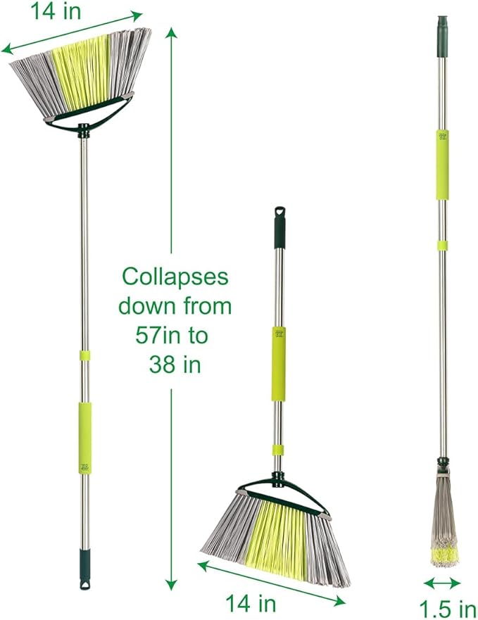 Pine-Sol Indoor Jumbo Broom with Long, Stainless Steel Collapsible Handle for Easy Storage, Heavy Duty Angle Bristles for Wood, Tile, Linoleum, and More - Sweeps Wet or Dry Debris