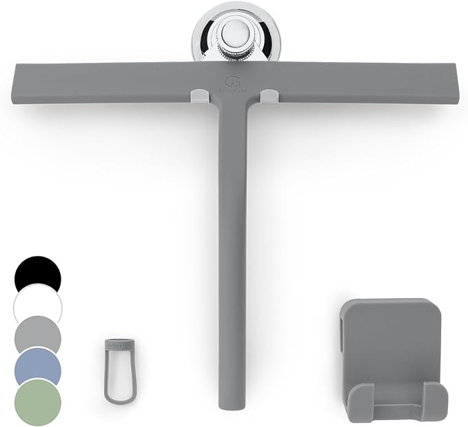 GÜTEWERK Silicone Shower Squeegee for Glass Doors & Mirrors with Stainless Steel Core, Streak-Free & No-Squeak Window Cleaning, 3-in-1 No-Drill Mount (Hook/Suction/Adhesive),Gray, 11 Inches