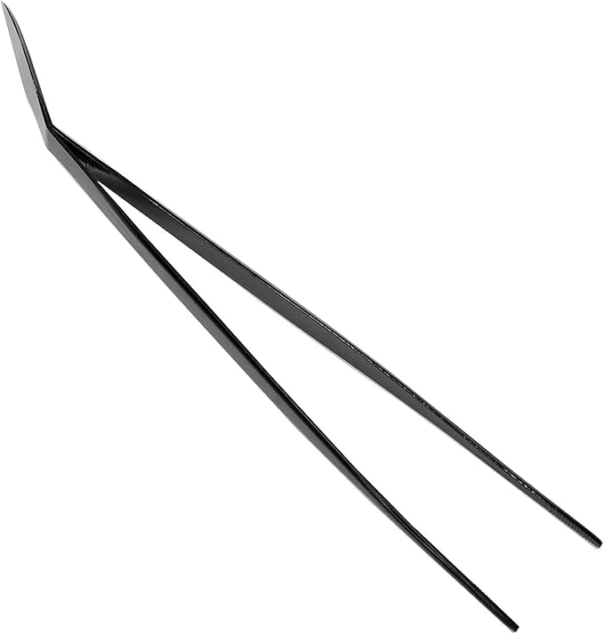 KAKURI Bonsai Tweezers Straight Serrated Tips with Spatula 8.8" - Made in Japan - Professional Bonsai Care Tool - Black Coated Japanese Stainless Steel