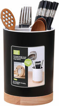 BUBBLE-FLY Modern Kitchen Utensil Holder with Drainage, Black and Wood Base, 3 Compartment Divided Organizer for Spoons Forks Knives, Countertop Caddy for Cooking Tools and Cutlery Storage- Non-Slip