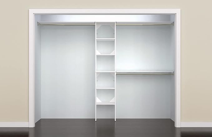 ClosetMaid SuiteSymphony Wood Closet Organizer Kit with Tower, 3 Hang Rods, Top Shelves, Adjustable, Fits Spaces 5 - 9 ft. Wide, Pure White