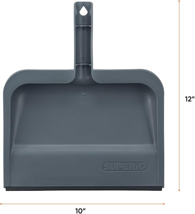Superio Clip-On Dustpan with Rubber Lip - 10-inch Wide Durable Plastic Dust Pan with Comfort Grip Handle, 2-Pack (Grey)