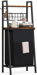 Furnulem Laundry Hamper, Vertical Laundry Basket with 2 Tiers Wooden Shelf and Hooks, Clothes Hamper with Pull-Out and Removable Bag for Bathroom, Bedroom, Dorm, 13.21 Gallons (50L)