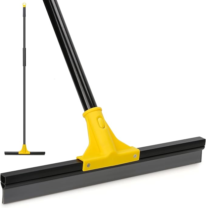 Squeegee Broom for Floor, 18'' Heavy Duty Rubber Wiper with 60'' Long Handle for Bathroom Tile, Garage Concrete, Deck, Shower Glass, Window Cleaning