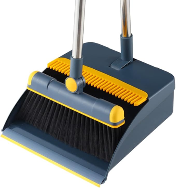 Broom and Dustpan Set for Home, Long Handle Dust Pan and Broom Combo for Indoor Outdoor Heavy Duty Dustpan Set for Kitchen Lobby Office Upright Standing Dustpan with Teeth (Blue)