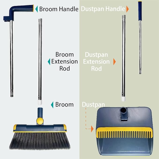 Broom and Dustpan Set for Home, Long Handle Dust Pan and Broom Combo for Indoor Outdoor Heavy Duty Dustpan Set for Kitchen Lobby Office Upright Standing Dustpan with Teeth (Blue)