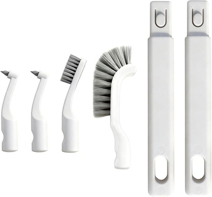 Hard Bristle Crevice Cleaning Brush Set with 4Pcs Brush Heads & 2Pcs Handles, Multifunctional Grout Brush Tools for Kitchen, Bathroom, Sink, Corner, Mug, Blender, and Hard-to-Reach Areas