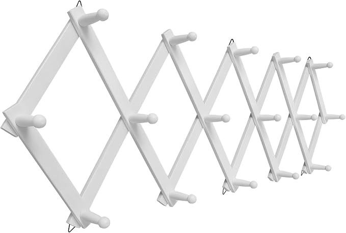 SCUNDA Accordion Wall Hanger with 16 Hooks, Wooden Coffee Mug Rack for Wall, Expandable Accordion Hook Rack Wall Mounted for Mug, Tea Cup, Purse,Coat, Hat, Cap(White)