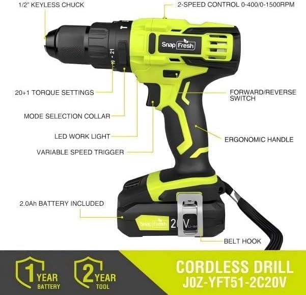 SnapFresh 20V Cordless Impact Drill-1/2" Power Drill/Driver Set,445in-lbs Torque Max,2 Variable Speeds, 43Pcs Bits w/case,2.0Ah Battery & Fast Charger Included, Power Tools