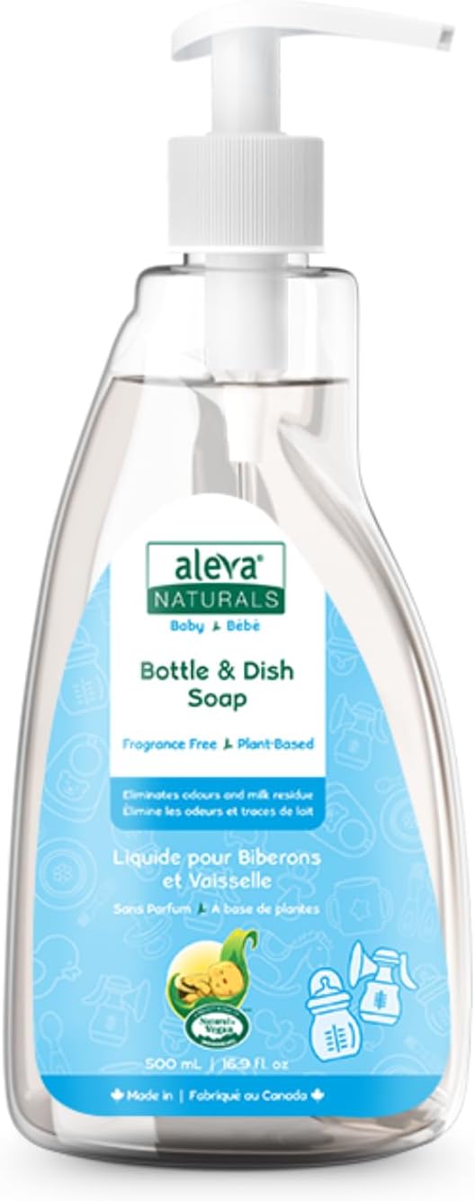 Aleva Naturals Hypoallergenic Bottle and Dishwash Liquid, Plant-Based & Fragrance-Free Formula, Dish Soap to Clean Baby Feeding Cups, Breast Pumps - 500 ml, 16.91 Fl Oz