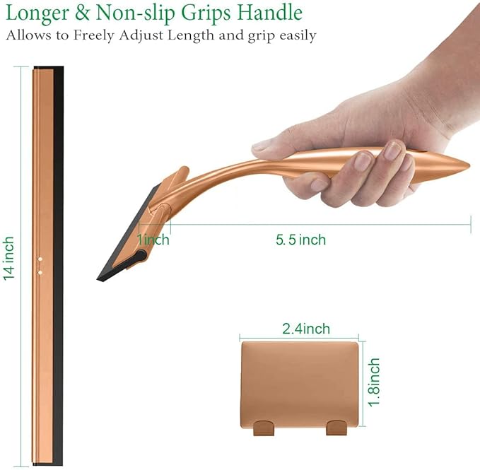 OPERNEE Shower Squeegee with Self Adhesive Hook, 14 Inches Stainless Steel Squeegee Cleaner, All-Purpose Window Scraper for Bathroom Doors, Mirror, Windows and Car Glass, Rose Gold