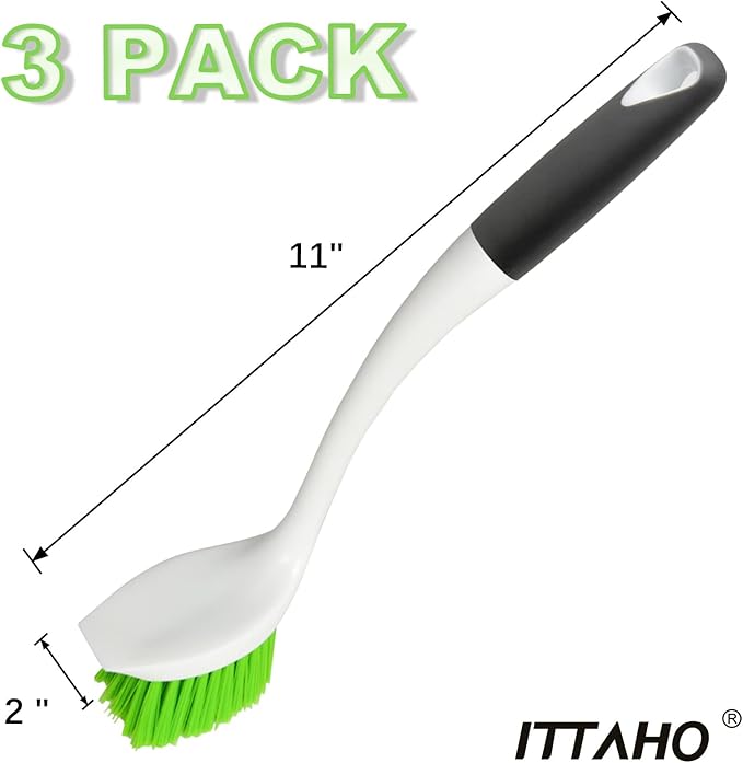 ITTAHO Dish Scrubber Set, Kitchen Brush for Cleaning with Scraper Edge, Green Multi-Purpose Scrub Brush with Handle for Dishes,Sink,Pots,Pans,Shower,Tile,Tubs - 3 Pack