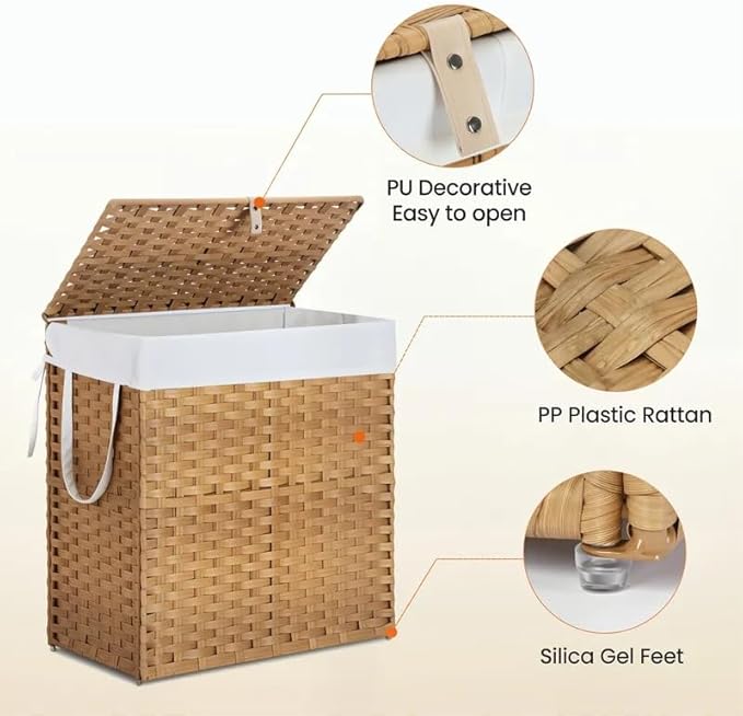 Laundry Hamper with Lid, 110L Foldable Laundry Basket with Removable Liner Bags, Handwoven Synthetic Rattan Clothes Hamper for Bathroom, Bedroom, Laundry Room, Yellow