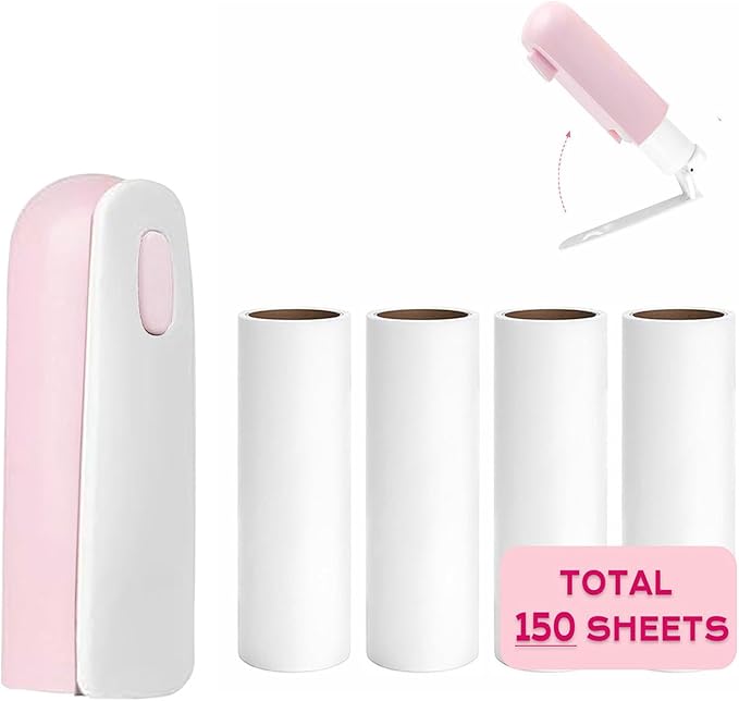 Mini Travel Lint Roller with 150 Sticky Sheets, Compact Portable Pet Hair Remover with Cover for Clothes, Travel, Small Foldable Lint Roller for Purse Car Bag Essentials (Pink)