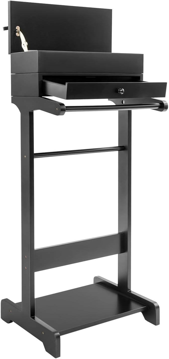 Valet Stand with Drawer and Top Tray, Wood Mens Suit Valet Stand with Wood Base, Freestanding Clothes Valet Stand with Hanger, Storage Organizer for Entryway Office Living Room (E, Black)